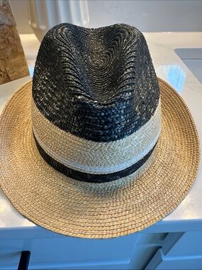 Prada Black and Natural Straw Fedora with Logo Patch